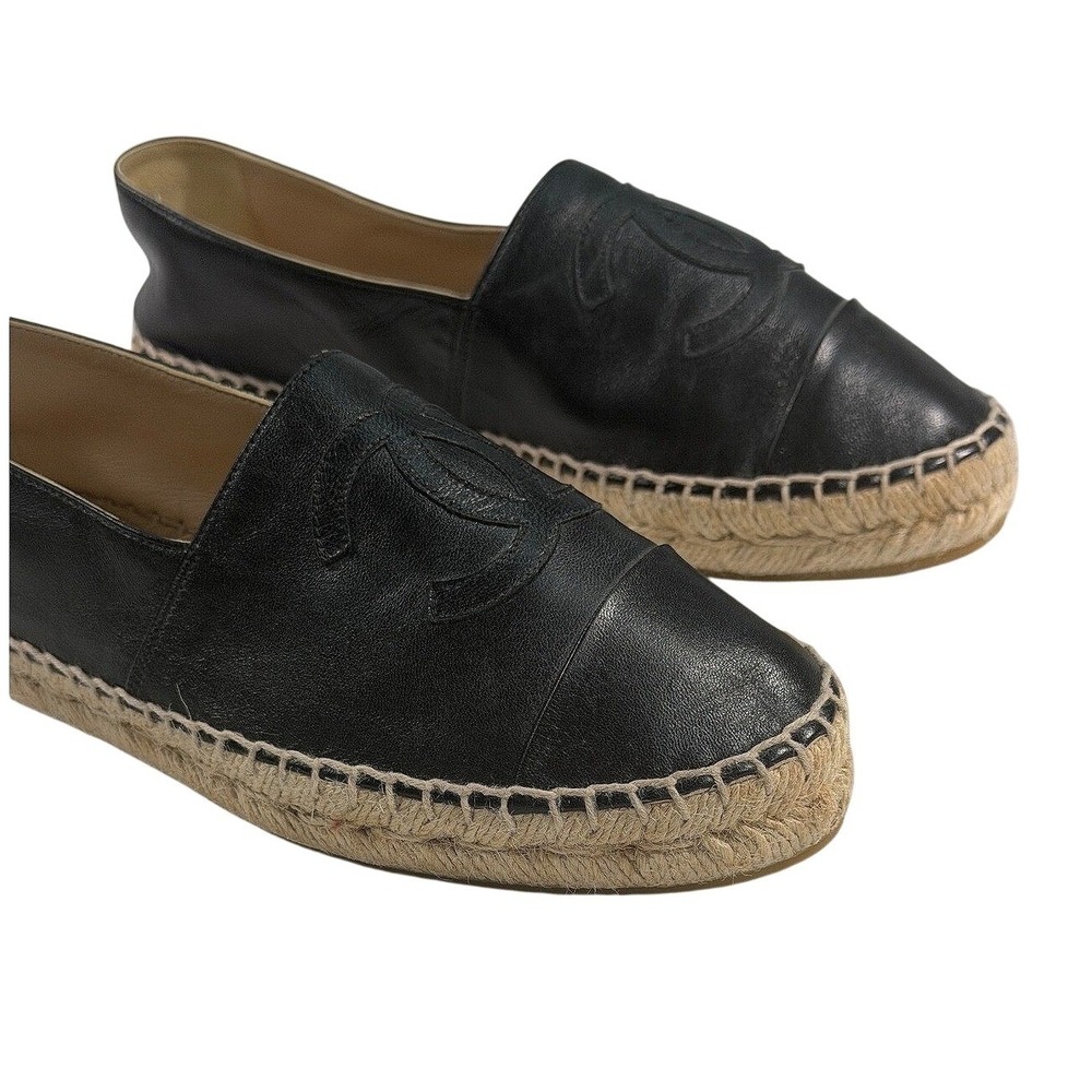 CHANEL Lambskin Espadrilles Black CC 37 Auth New w/o Box Leather Flats Slip-On